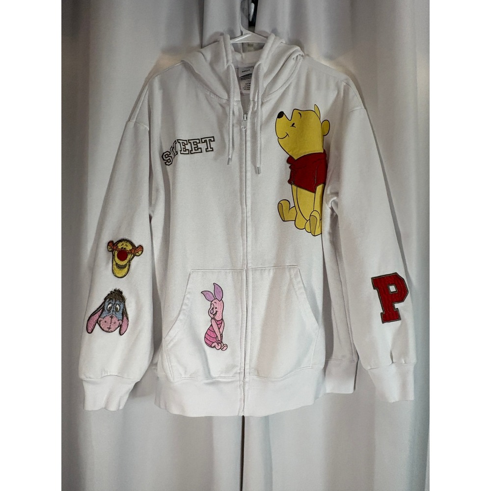 Disney Winnie the Pooh White Zip Up Hoodie Character Sweatshirt L WC0060